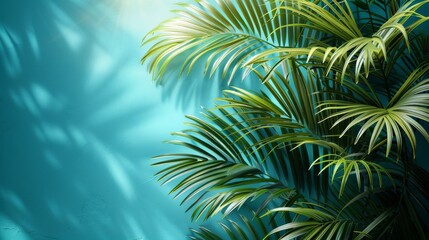 This image features lush green palm leaves contrasted beautifully against a vibrant turquoise wall, creating a serene and refreshing tropical ambiance perfect for decor.