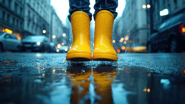 Child's feet in yellow rain boots jumping in a puddle on a city street - Powered by Adobe