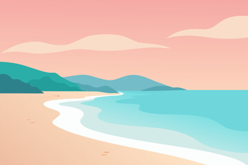 Serene Flat Vector Coastal Landscape with Pastel Pink Sky, Turquoise Ocean, and Sandy Beach