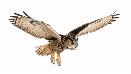 Fototapeta premium Owl flying over white background, no shadow