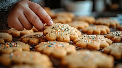 Child's hand picks a decorated Christmas cookie