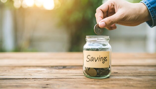 Saving Money A Close-Up View of Hand Adding Coin to Savings Jar