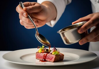 Manos de un chef preparando un plato de alta cocina. Generado con AI