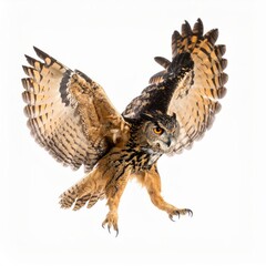 Owl flying over white background, no shadow