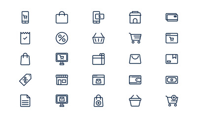 Online shopping icon symbolizing digital purchase, ecommerce activity, and mobile transaction in outline style