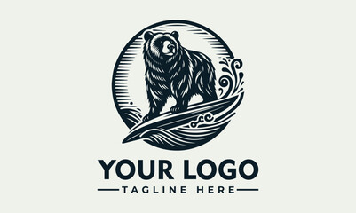 Detailed engraved illustration of a bear surfing on a wave with a sunburst and palm tree in a circular frame. Summer adventure concept