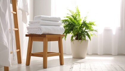 Natural Calm: Wooden Stool and Fern in Minimalist Bathroom Retreat