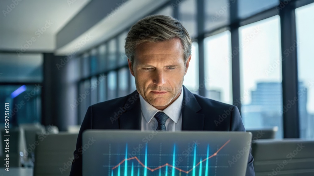 Poster a businessman analyzing data on a laptop in a modern office setting, focused on charts and graphs wi