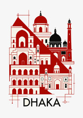 Abstract Illustration of Iconic Dhaka Architectural Landmarks in Red and Black Colors.