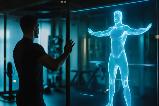 Man interacting with a holographic human figure in a modern gym setting with exercise equipment