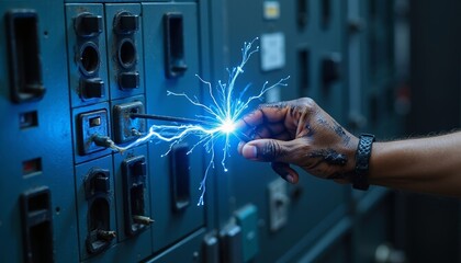 violation of safety regulations . Hand touching electrical panel with blue sparks in dark environment  
