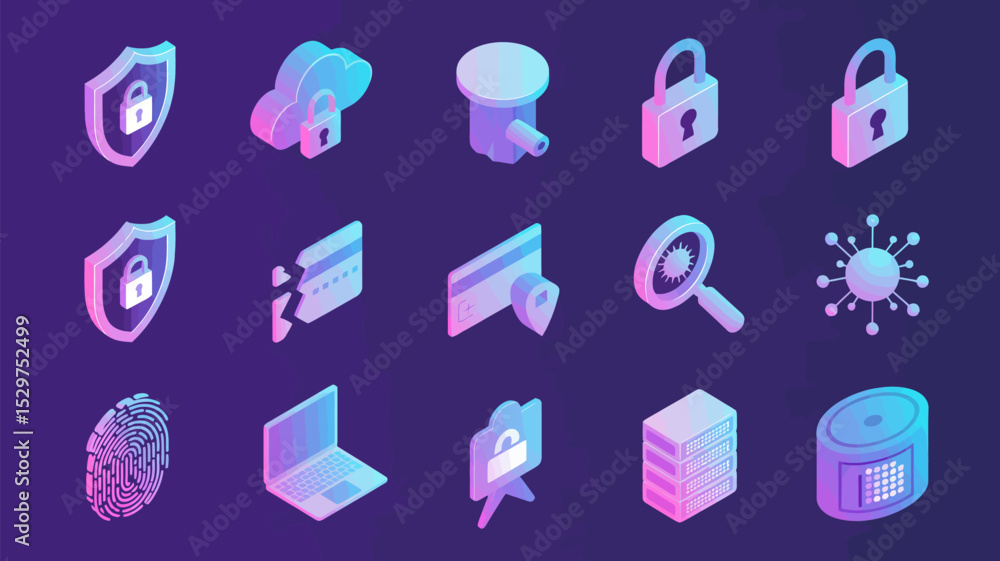 Poster isometric cyber security icons set data protection technology network safety digital security concep