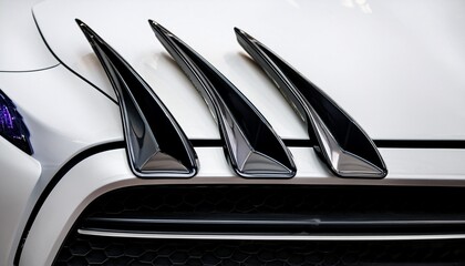 close up tuning black decorative overlay in the shape of shark fins on a white bumper of a sports car