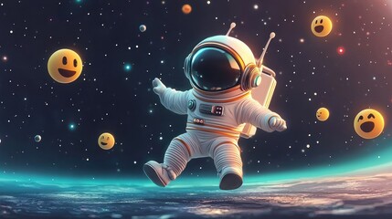 Joyful astronaut floats in space, surrounded by happy emojis
