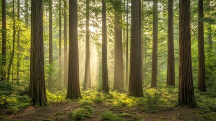 Obraz premium Sunlit Forest Scene With Tall Trees And Lush Undergrowth