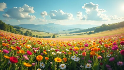 Colorful Field of Wildflowers Blooming Under a Blue Sky with Clouds