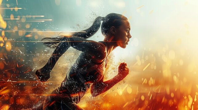 A powerful female athlete is seen mid-stride, emphasizing motion and speed with a vibrant background filled with abstract light trails and colors depicting energy.
