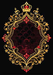 Royal Ornate Gold Frame with Crown and Red Gemstones on Luxury Dark Background