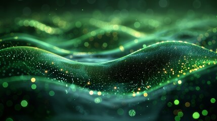 An enchanting imagery of flowing green waves adorned with sparkling lights that evoke feelings of tranquility and wonder in an abstract representation of nature's beauty.
