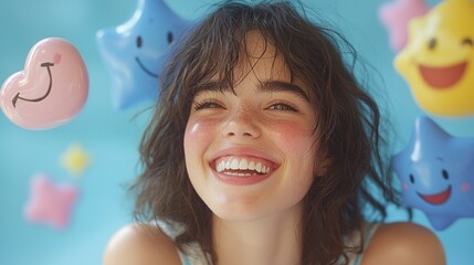Joyful young woman with a bright smile, surrounded by whimsical, cartoonish decorations
