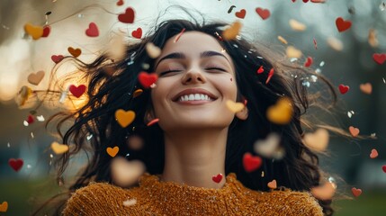 Joyful woman surrounded by hearts