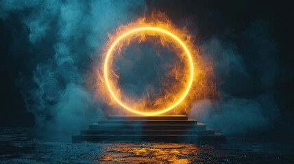 Neon ring portal on a dark platform, surrounded by smoky atmosphere