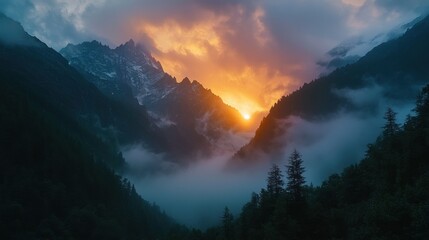 Majestic mountain sunset through mist