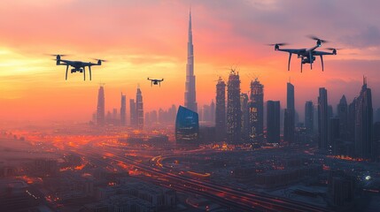 Aerial Drones over Dubai Skyline at Sunset