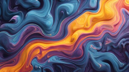 Obraz premium Colorful abstract fluid painting with vibrant swirling lines in orange, blue and purple tones, ideal for digital art projects, modern prints, wallpapers and expressive visual design concepts
