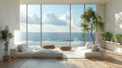 An inviting living room bathed in natural light, boasting floor-to-ceiling windows that provide breathtaking views of the ocean, blending tranquility with modern design seamlessly.