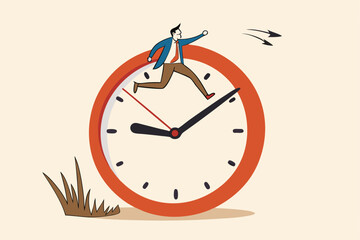 Work efficiency, time management to help finish multitasking work or smart productivity concept, confident businessman holding suitcase jumping on clock hands metaphor of time management.