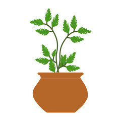 Minimalist Organic Potted Plant Illustration, Flat Design Green Leaf Plant in Simple Pot Isolated on White. Sustainable July Concept