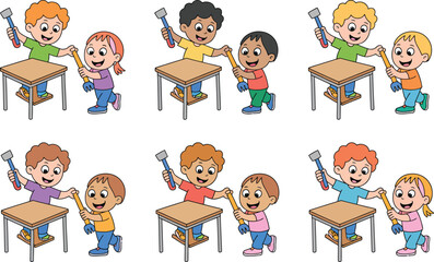 Cartoon children constructing school desk together teamwork and education illustration