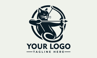 Focused dark silhouette illustration of a cat drawing back a traditional bow with several arrows ready to shoot. Feline archery concept