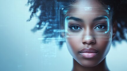 African American woman with curly hair, wearing futuristic digital interface glasses, gazes confidently at the viewer, showcasing advanced technology and innovation in a modern setting