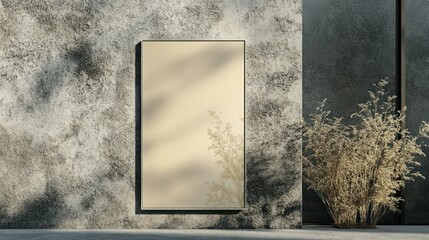 Modern poster frame mockup leaning on concrete wall for artwork or design, background wallpaper AI generated image