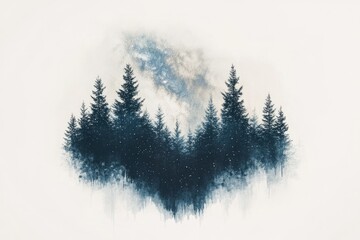 Enchanted forest silhouetted against a dreamy night sky, speckled with stars and a milky way.