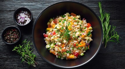 Rice in bowl with mixed vegetables and herbs, overhead shot