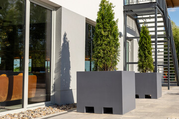 Stylish square planters sit beside large windows of a building, showcasing greenery under the sun....