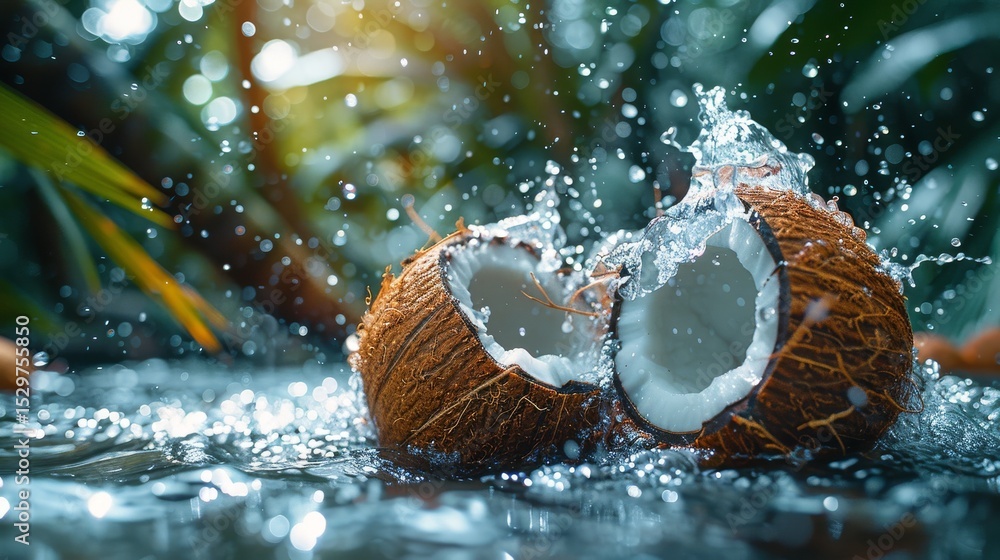 Aufkleber a dynamic shot capturing the moment a ripe coconut splits open, sending water splashing in all direc