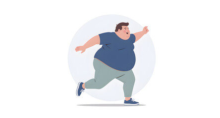 Happy Overweight Man Running in Casual Clothing on White Background