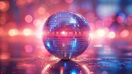 An eye-catching disco ball radiating vibrant reflections in an energetic nightlife setting, exemplifying the thrill of dance and celebration in an atmosphere filled with lively colors.
