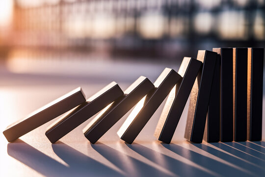 Identical black bricks cascading in warm light with urban blur. Concept of structure, uniformity, and modern architectural rhythm, or market collaps