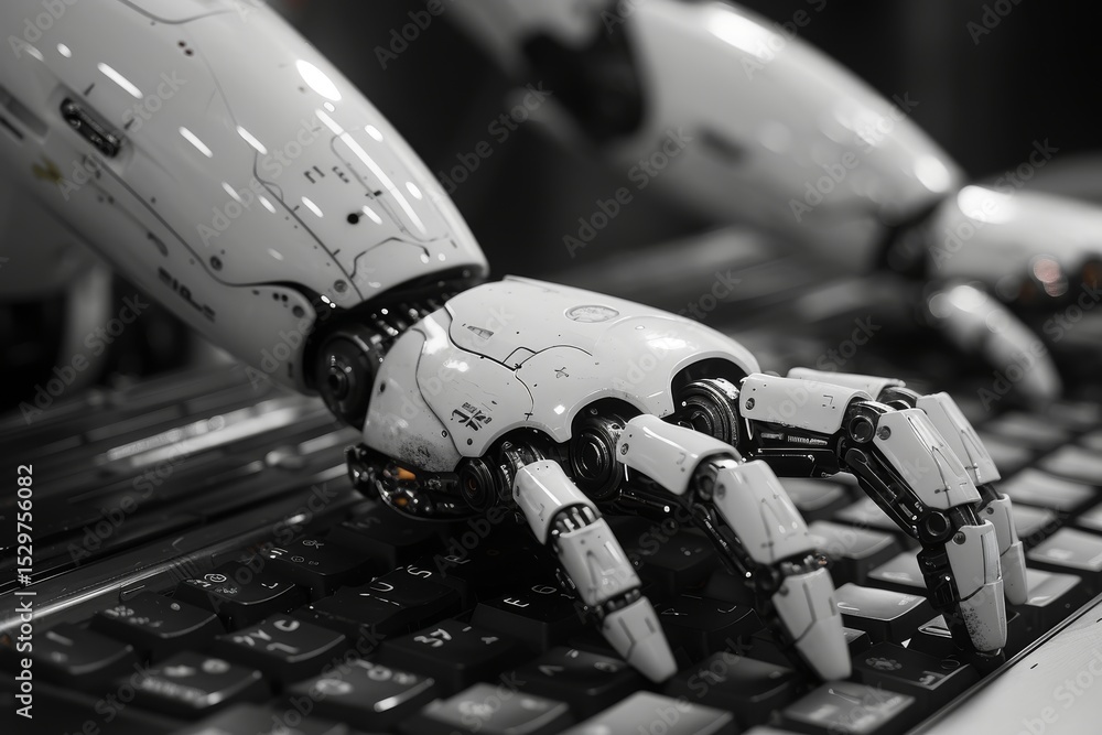 Poster this image captures a highly detailed robotic hand interacting with a keyboard, showcasing advanceme