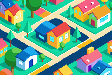 Colorful Isometric Suburban Neighborhood Vector with Grid Streets, Vibrant Houses, and Green Trees			