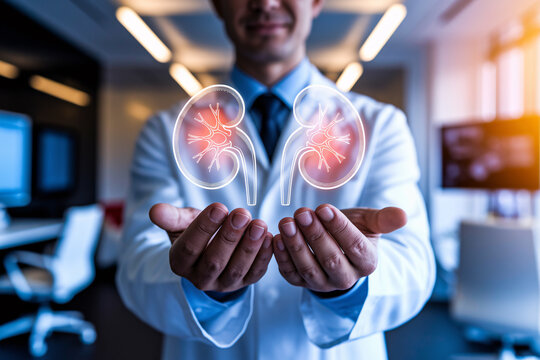 Doctor holding glowing virtual human kidneys in modern clinic, symbolizing advanced nephrology and compassionate medical care