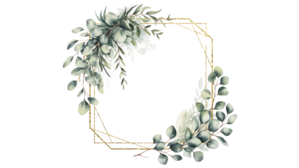 Elegant gold geometric frame decorated with eucalyptus leaves in watercolor, luxury botanical style, isolated on transparent background, ideal for wedding invitations, branding, and packaging