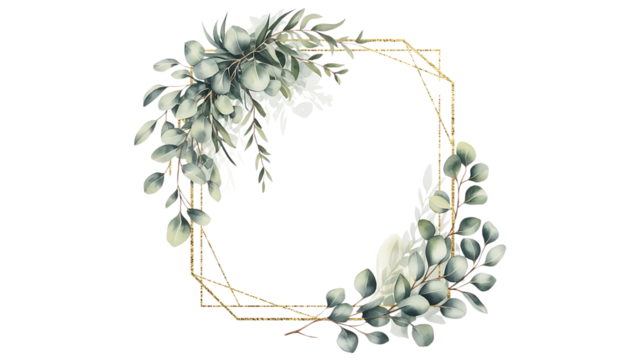 Elegant gold geometric frame decorated with eucalyptus leaves in watercolor, luxury botanical style, isolated on transparent background, ideal for wedding invitations, branding, and packaging - Powered by Adobe