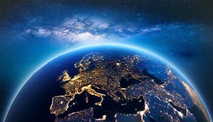 earth illuminated by night lights showing continents from space with vibrant colors and stars in the background