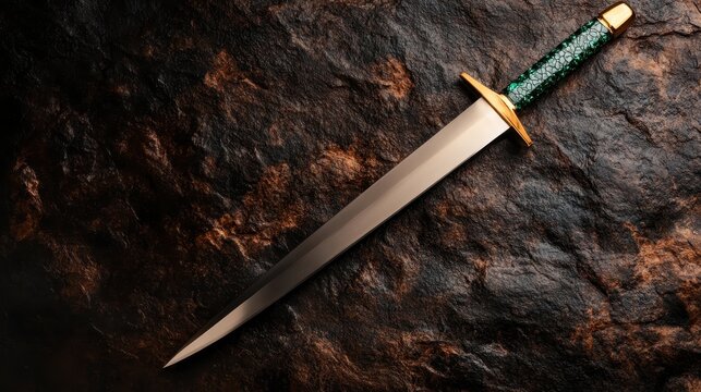 A beautifully crafted knife with a striking green handle lays elegantly on a textured stone surface, showcasing craftsmanship, artistry, and the beauty of functional design.